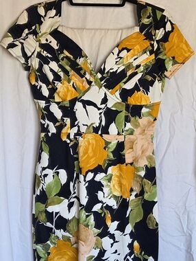 Unique Vintage Blue Midi Dress with Yellow Roses